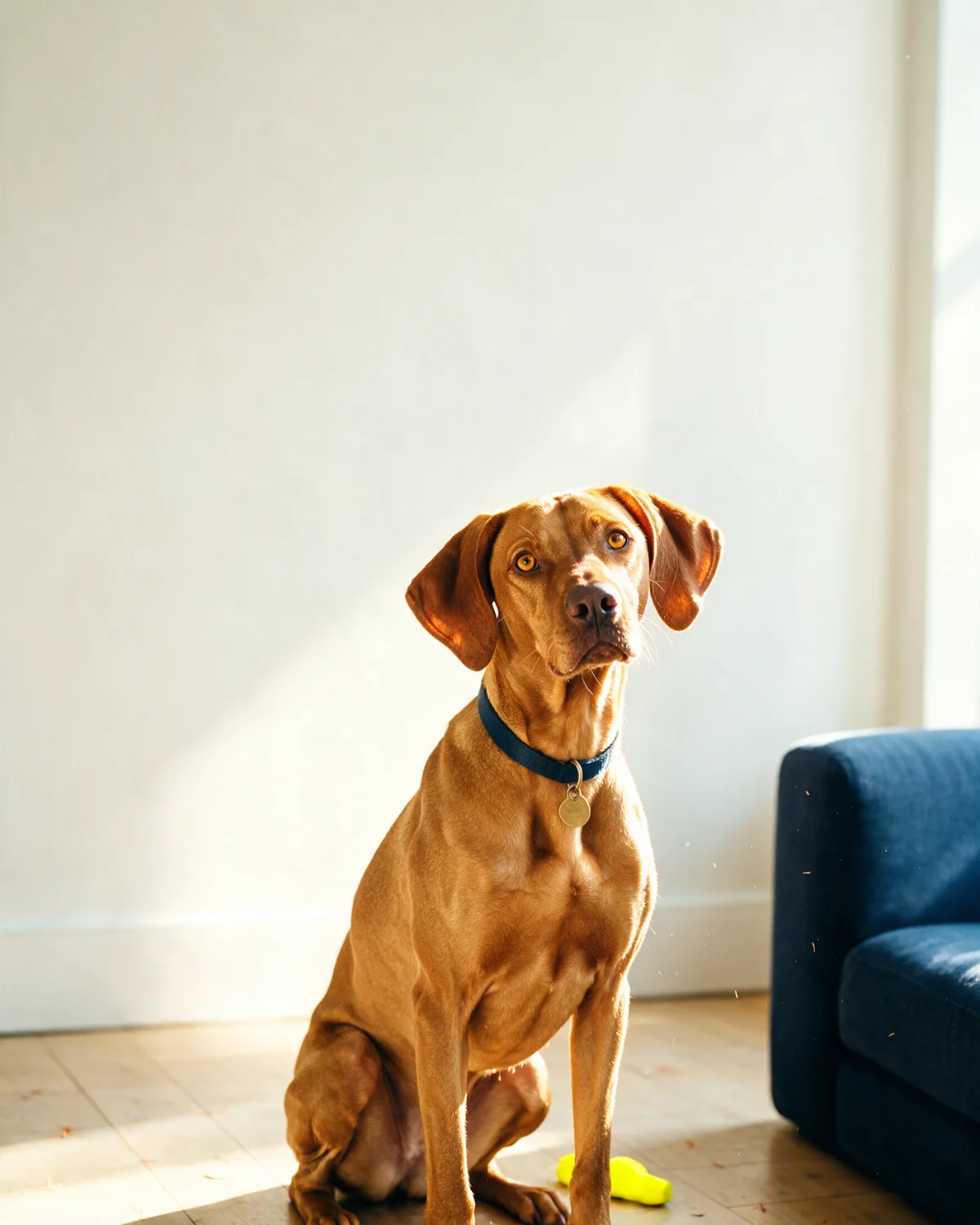 A Vizsla walking toward the camera through morning light in a living room